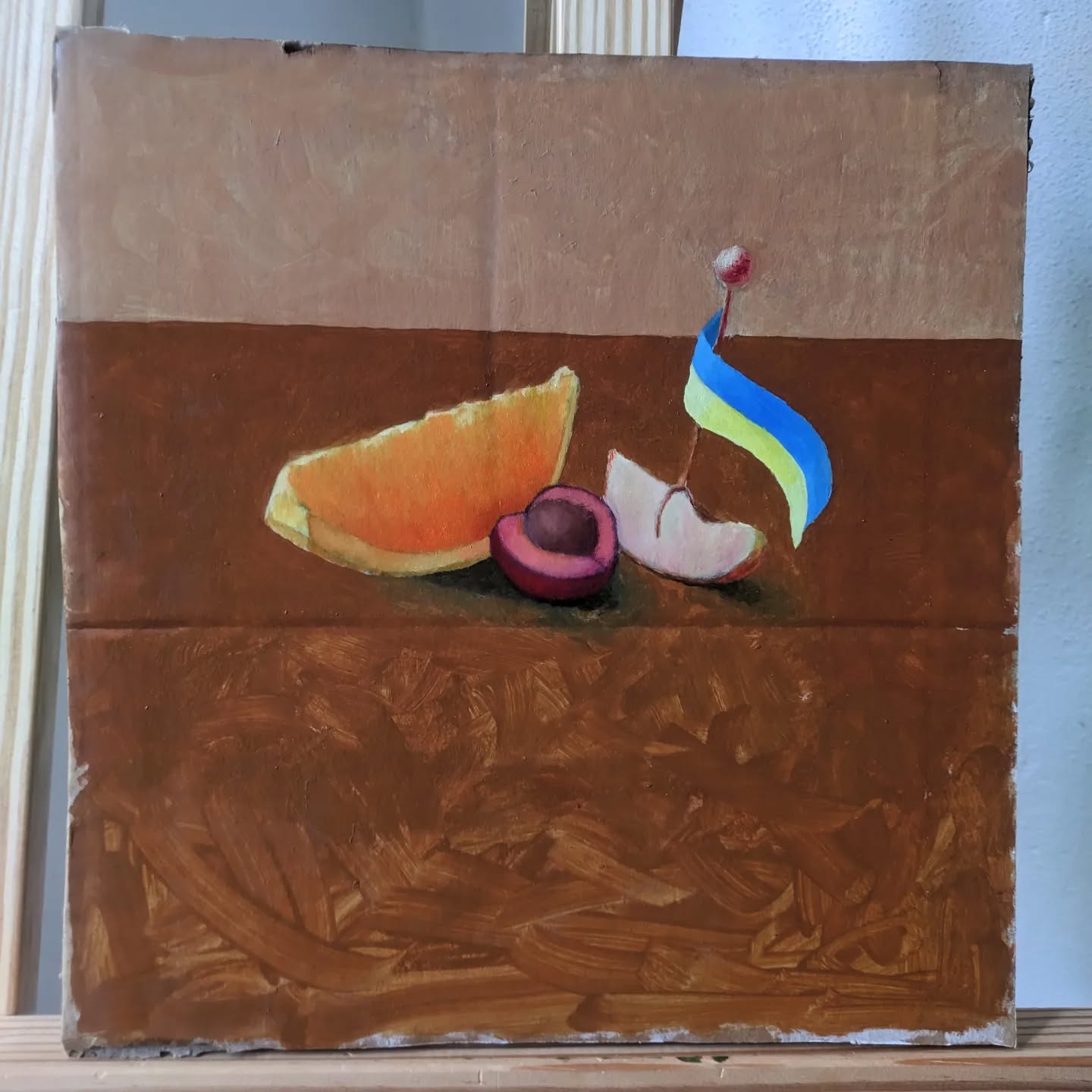 Slices of fruit and a flag